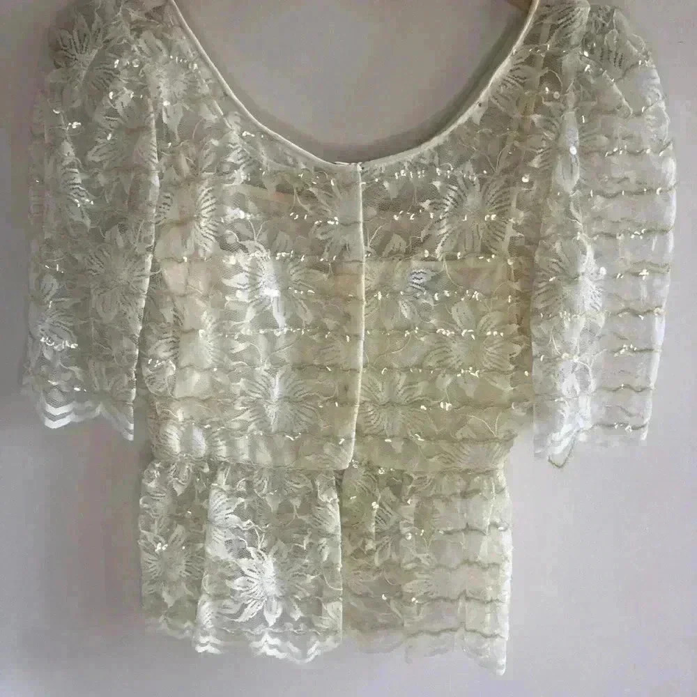 VINTAGE ivory lace sequins peplum top 6 Whimsical coquette unconventional lace - Picture 2 of 5